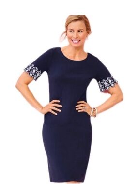 Talbots Navy Blue White Embroidered Short Sleeve Shift Dress Size S Soft Preppy